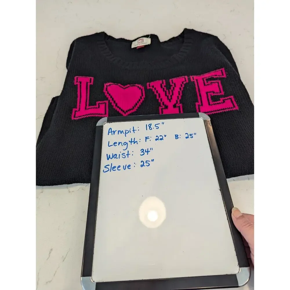L.E.I. Vtg. Y2K Large Jr. High Low Sweater Black Hot Pink LOVE Preppy Spellout
